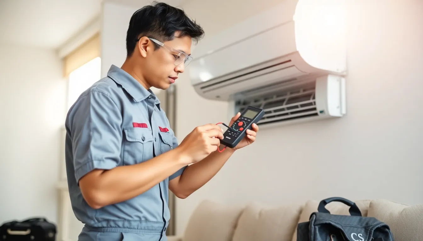 HVAC technician inspecting an air conditioning unit in a modern home.