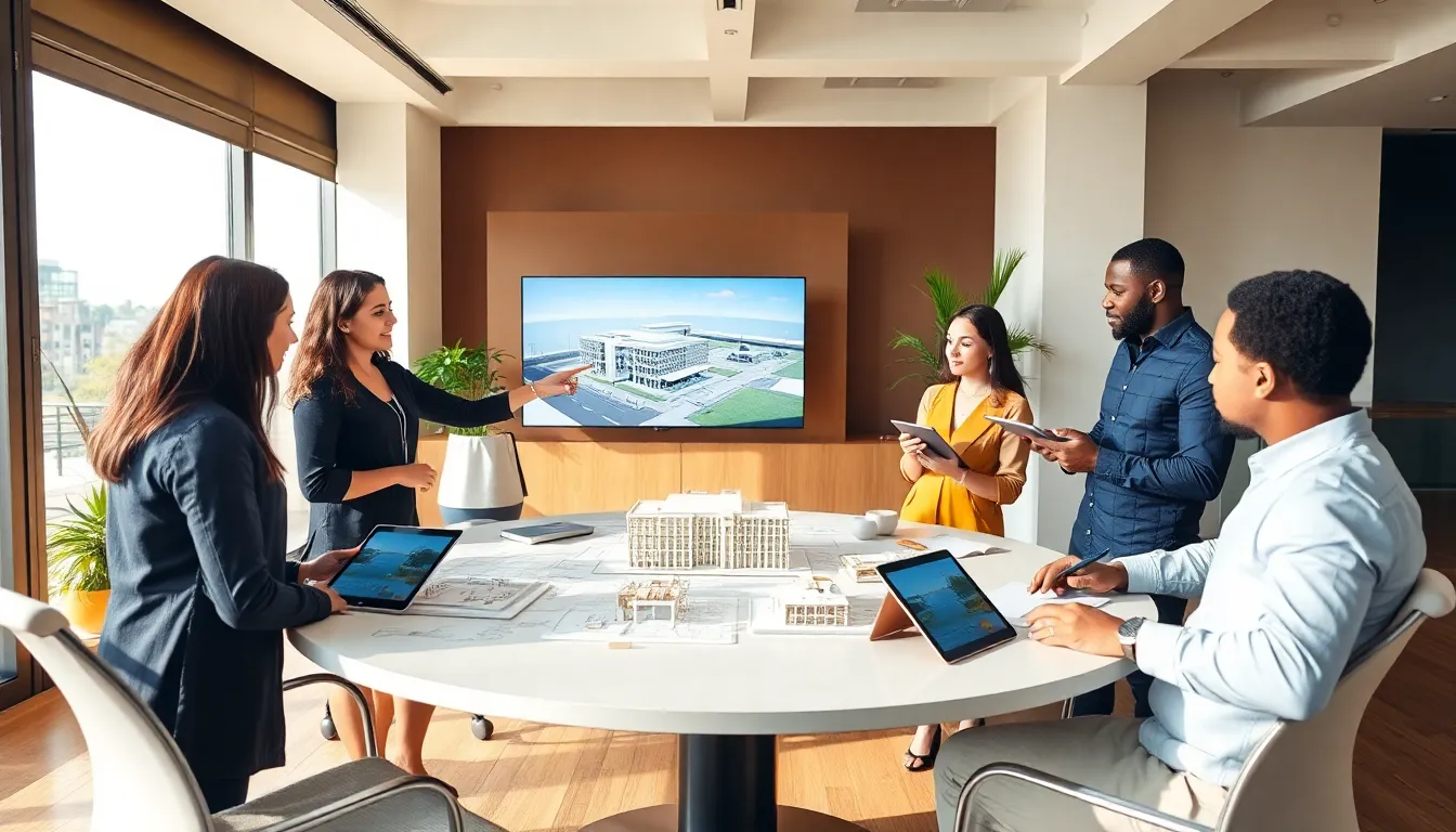 diverse team in a modern architecture office collaborating on a design project.