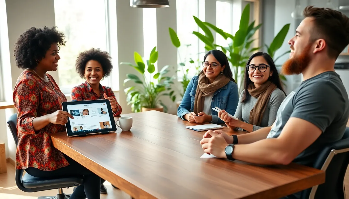 a diverse team discussing ideas for Redwebzine.org in a modern office.