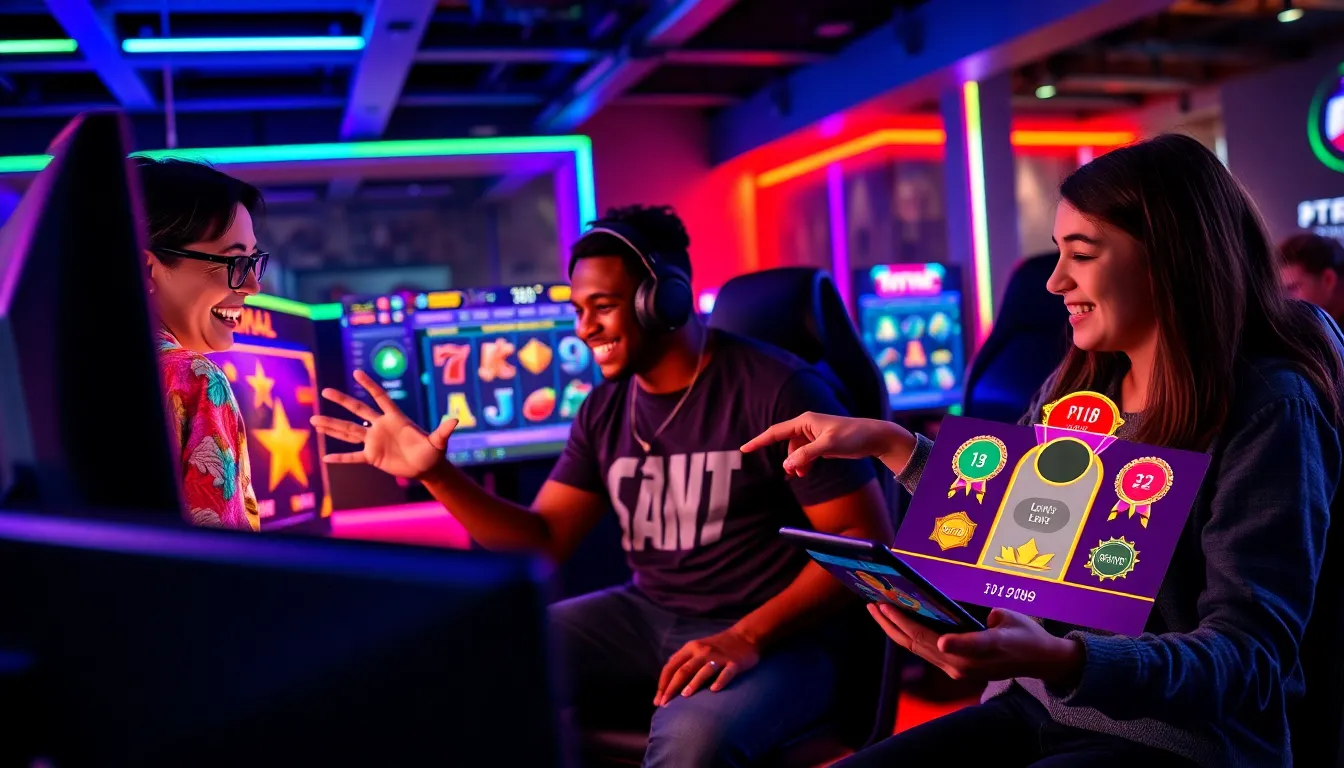 a diverse group of players engaging with gamified online slot games in a gaming lounge.