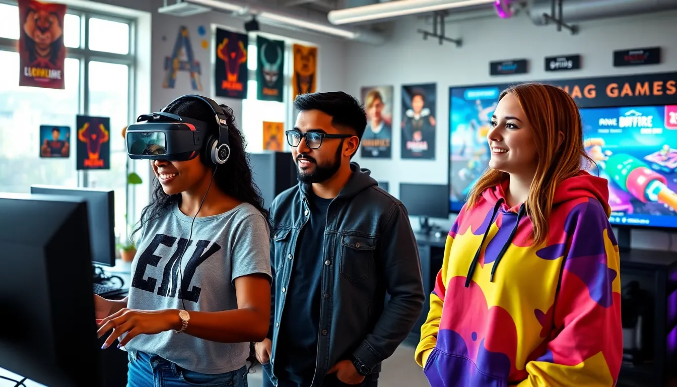 developers at ImagineerGames collaborating in a dynamic gaming studio.